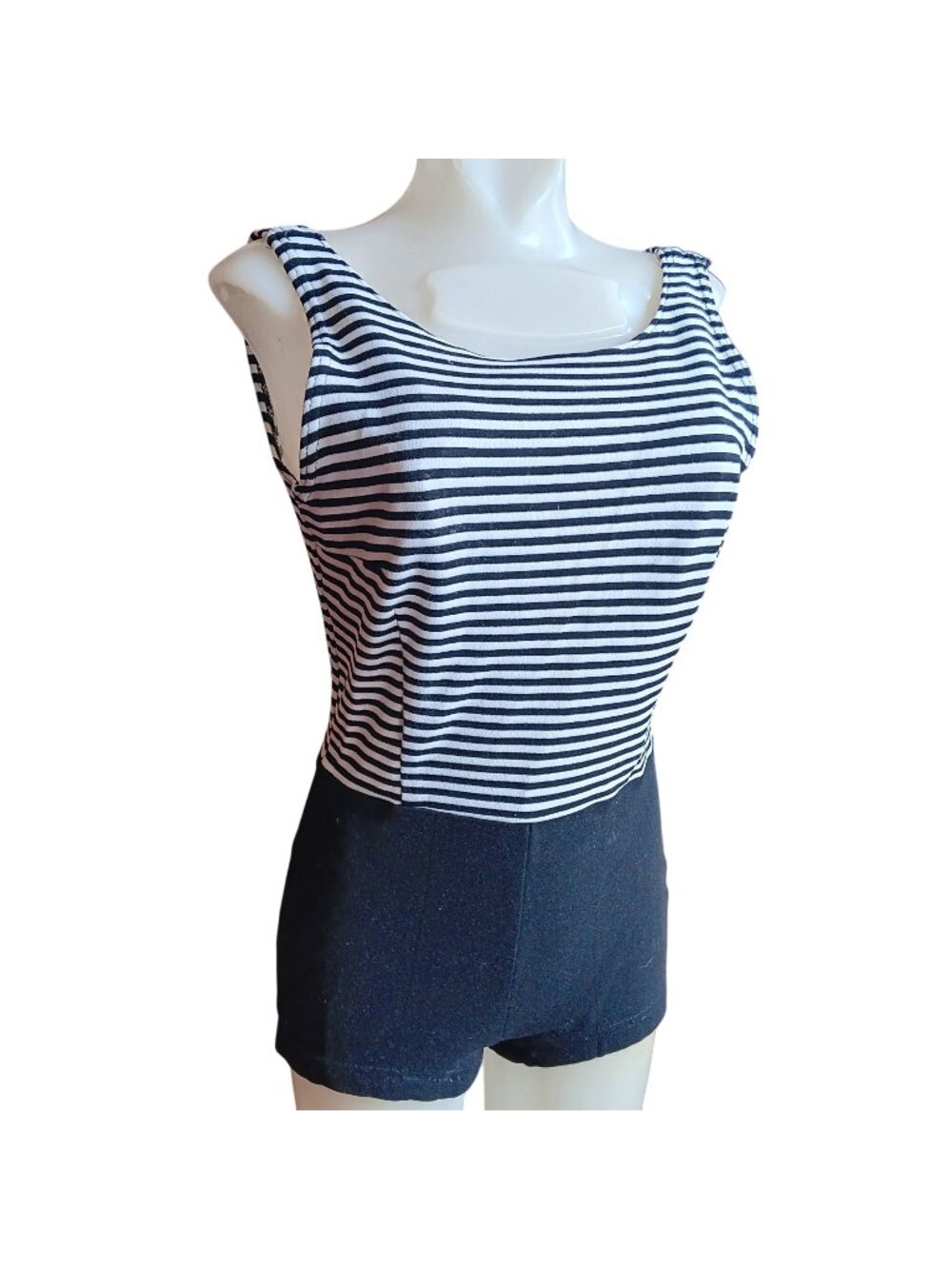 sz 12 True Vintage Swimsuit Black White Striped Womens Low Back Built-In Padding